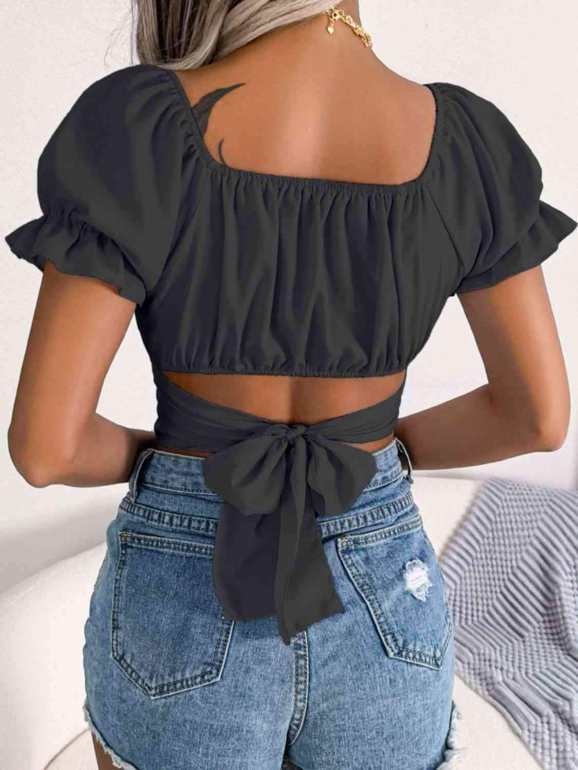 Square Neck Crisscross Flounce Sleeve Cropped Top Blouses - Tophatter Daily Deals