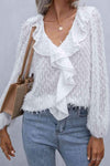 Double Take Ruffle Hem Fringe V-Neck Balloon Sleeve Blouse Blouses - Tophatter Daily Deals