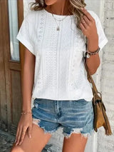 Eyelet Round Neck Short Sleeve T-Shirt Women's T-Shirts - Tophatter Daily Deals