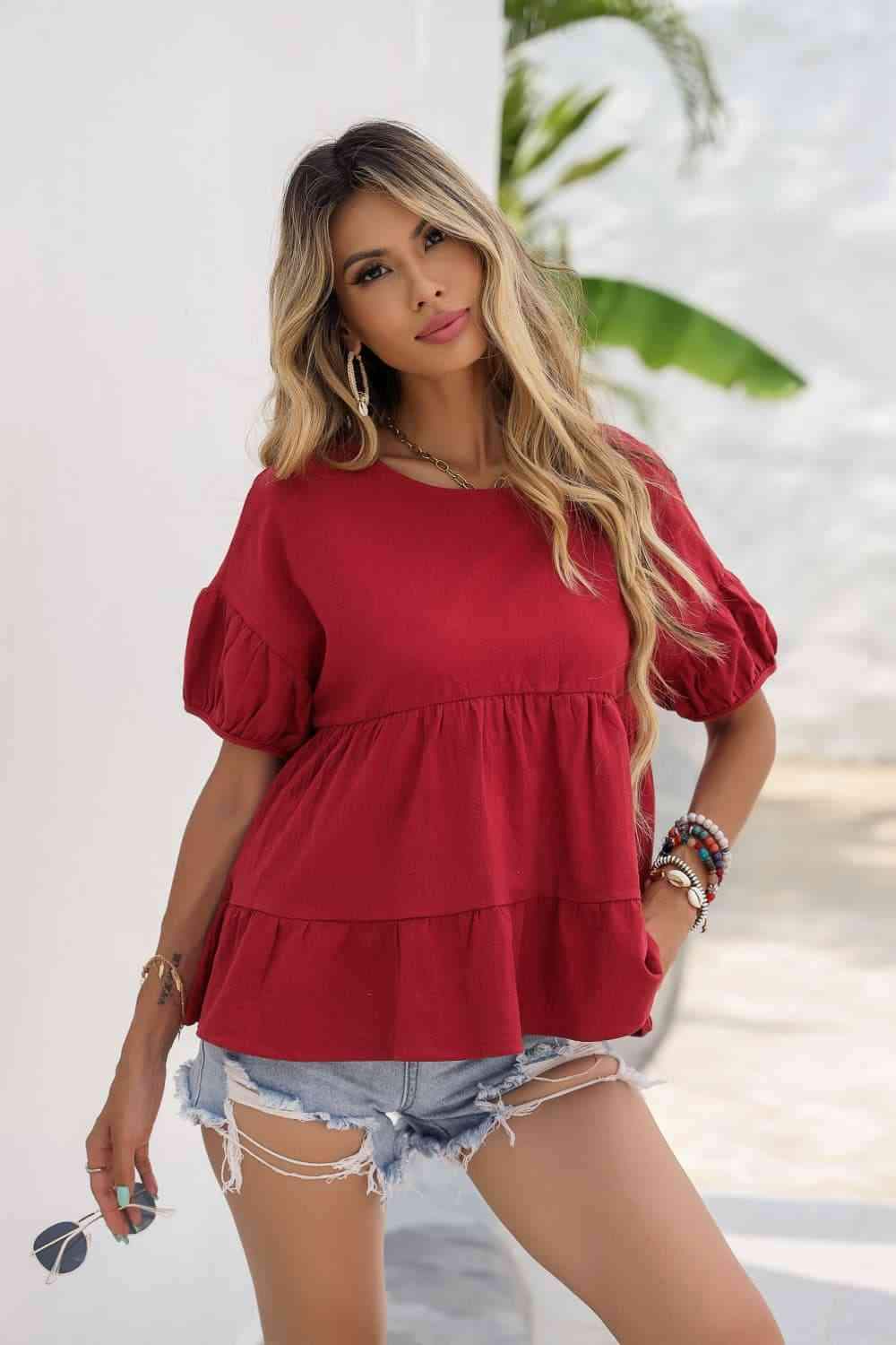 Round Neck Ruched Short Sleeve Blouse Blouses - Tophatter Daily Deals