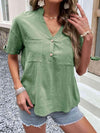 Buttoned Notched Neck Cuffed Sleeve Blouse Blouses - Tophatter Daily Deals