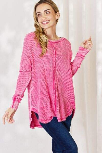 Zenana Oversized Washed Waffle Long Sleeve Top Fuchsia Blouses - Tophatter Daily Deals