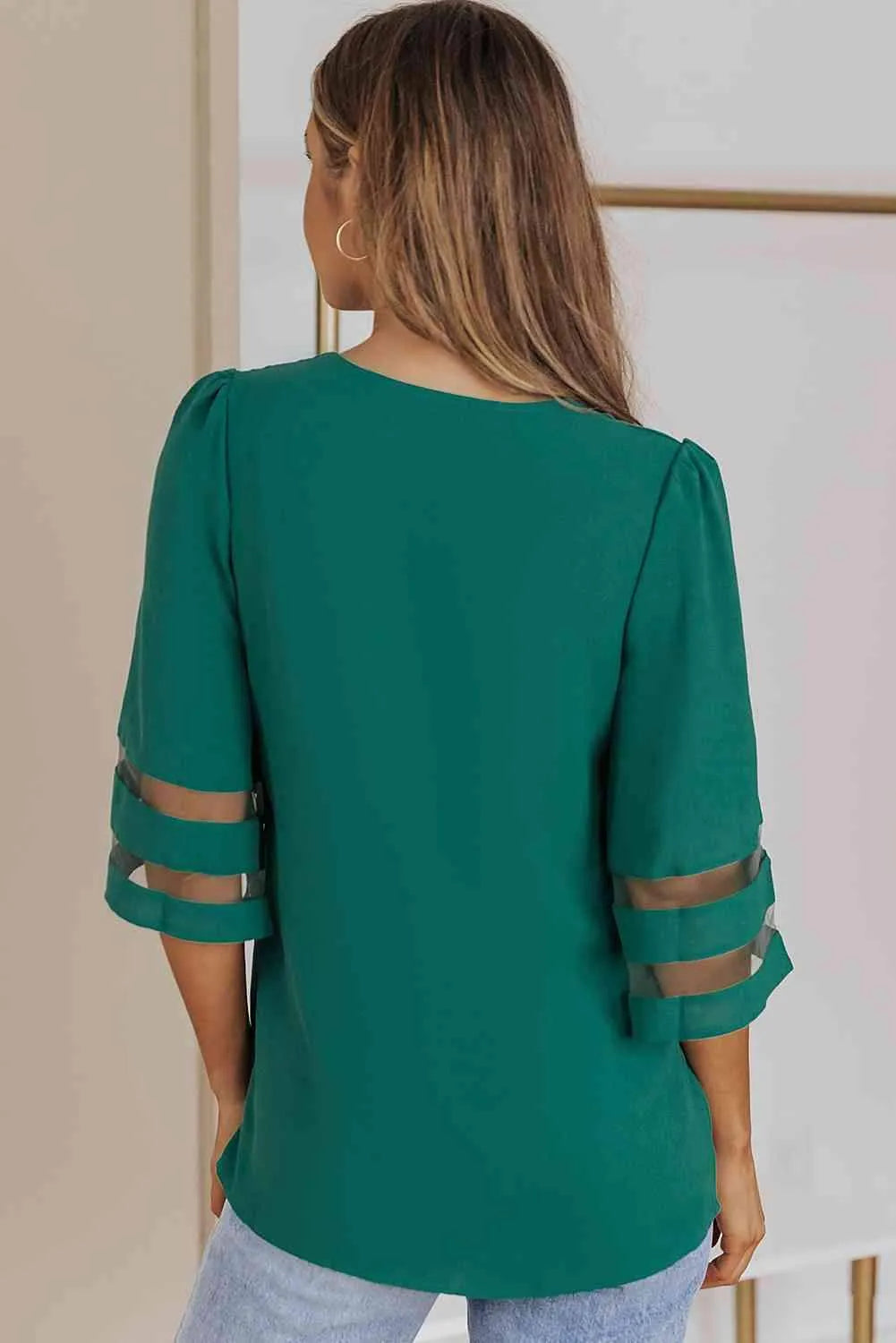 Sheer Striped Flare Sleeve V-Neck Blouse Blouses - Tophatter Daily Deals