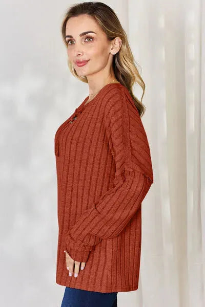Basic Bae Full Size Ribbed Half Button Long Sleeve T-Shirt Women's T-Shirts - Tophatter Daily Deals