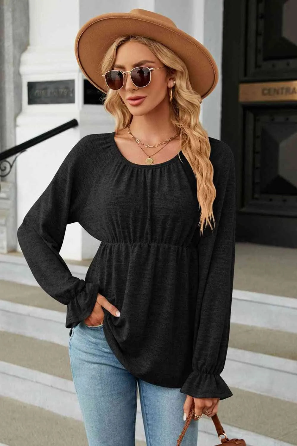 Round Neck Flounce Sleeve Blouse Black Blouses - Tophatter Daily Deals