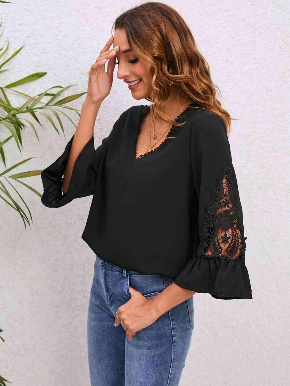 V-Neck Lace Detail Flounce Sleeve Blouse Blouses - Tophatter Daily Deals