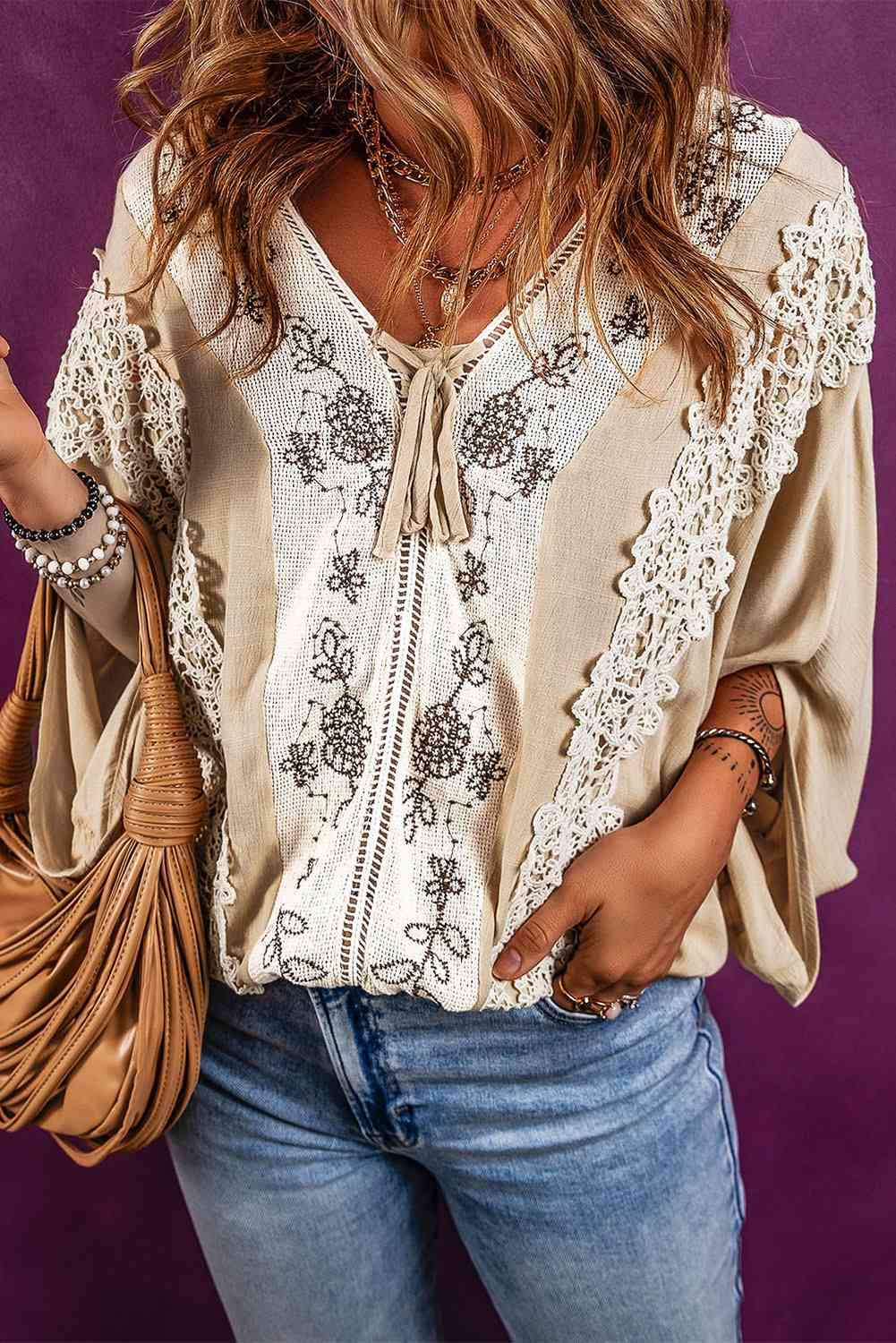 V-Neck Lace Detail Slit Blouse Khaki Blouses - Tophatter Daily Deals