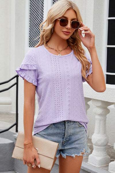 Eyelet Round Neck Petal Sleeve T-Shirt Women's T-Shirts - Tophatter Daily Deals