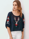 Embroidered Round Neck Flounce Sleeve Blouse Navy Blouses - Tophatter Daily Deals