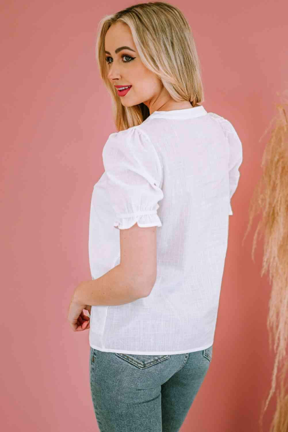 Embroidered Notched Neck Flounce Sleeve Top Blouses - Tophatter Daily Deals