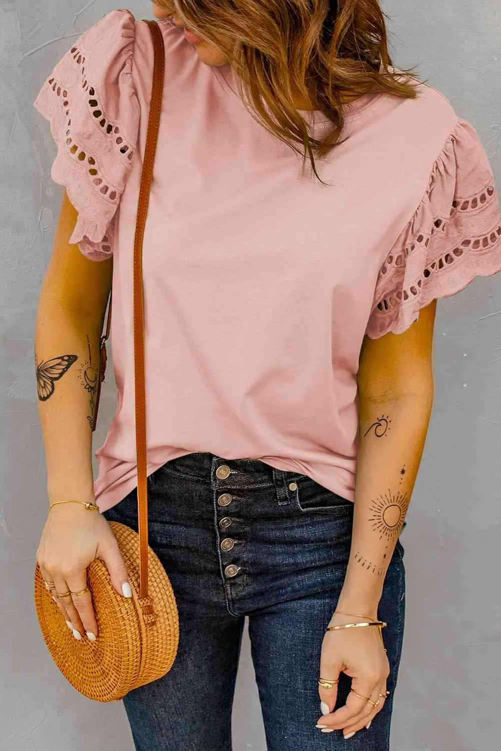 Round Neck Openwork Flutter Sleeve Top Pink Blouses - Tophatter Daily Deals