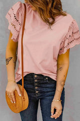Round Neck Openwork Flutter Sleeve Top Pink Blouses - Tophatter Daily Deals