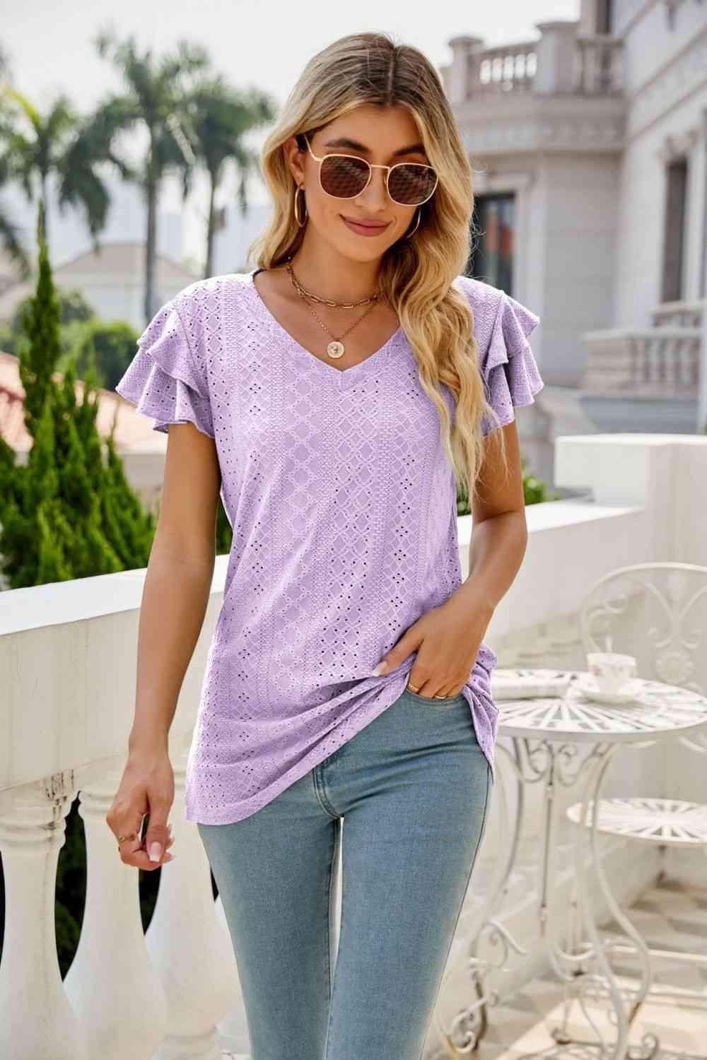 Eyelet Layered Flutter Sleeve V-Neck Top Blouses - Tophatter Daily Deals