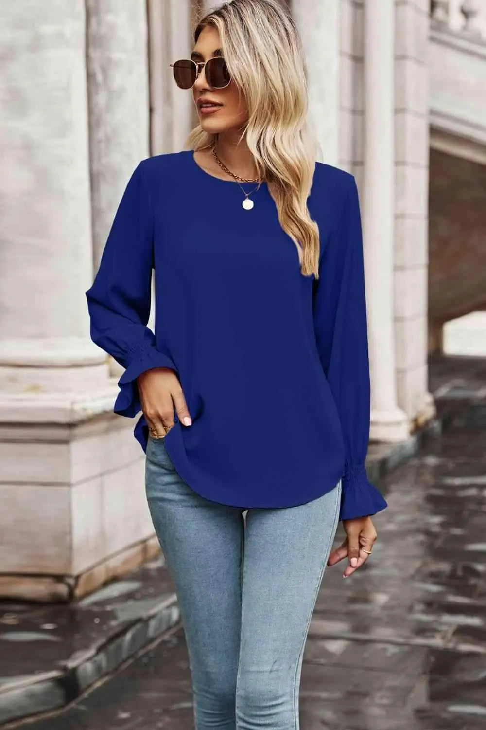 Round Neck Long Flounce Sleeve Blouse Blouses - Tophatter Daily Deals