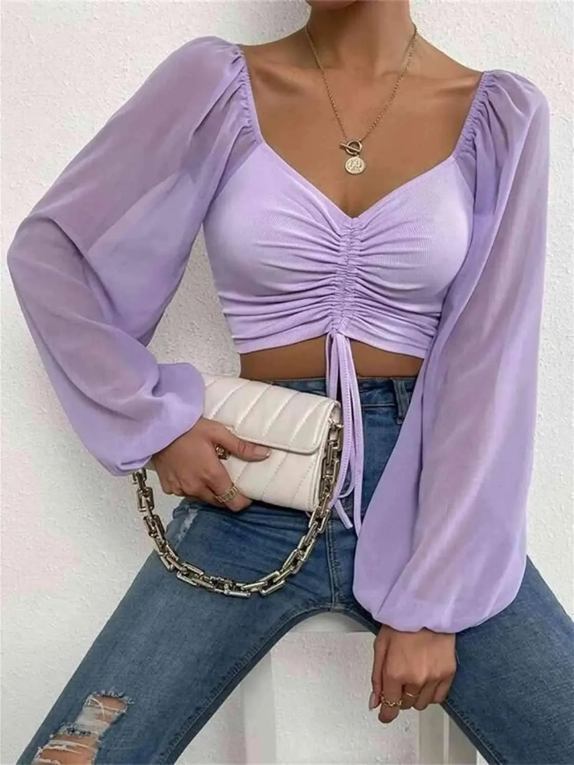 Drawstring Sweetheart Neck Cropped Top Lavender Blouses - Tophatter Daily Deals