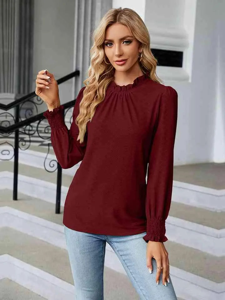 Round Neck Flounce Sleeve Blouse Blouses - Tophatter Daily Deals