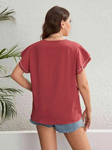 Plus Size Contrast V-Neck Layered Flutter Sleeve Blouse Blouses - Tophatter Daily Deals