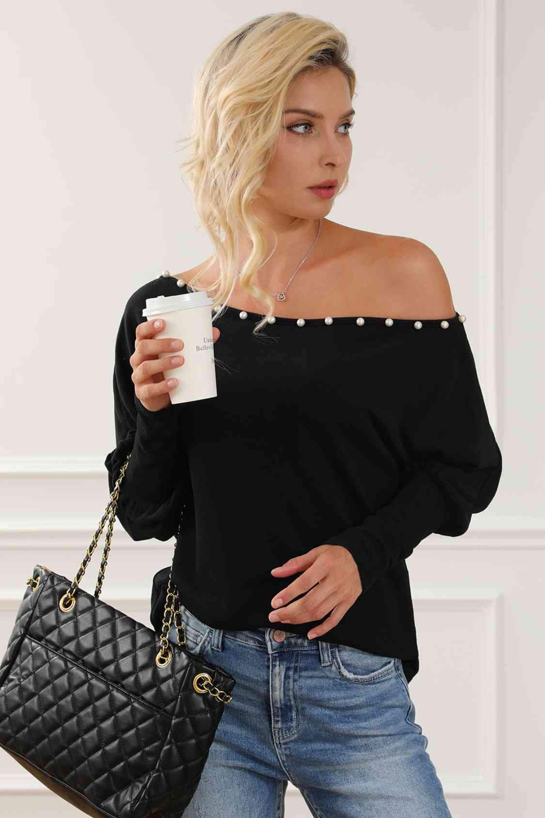 Pearl Trim Lantern Sleeve Top Blouses - Tophatter Daily Deals