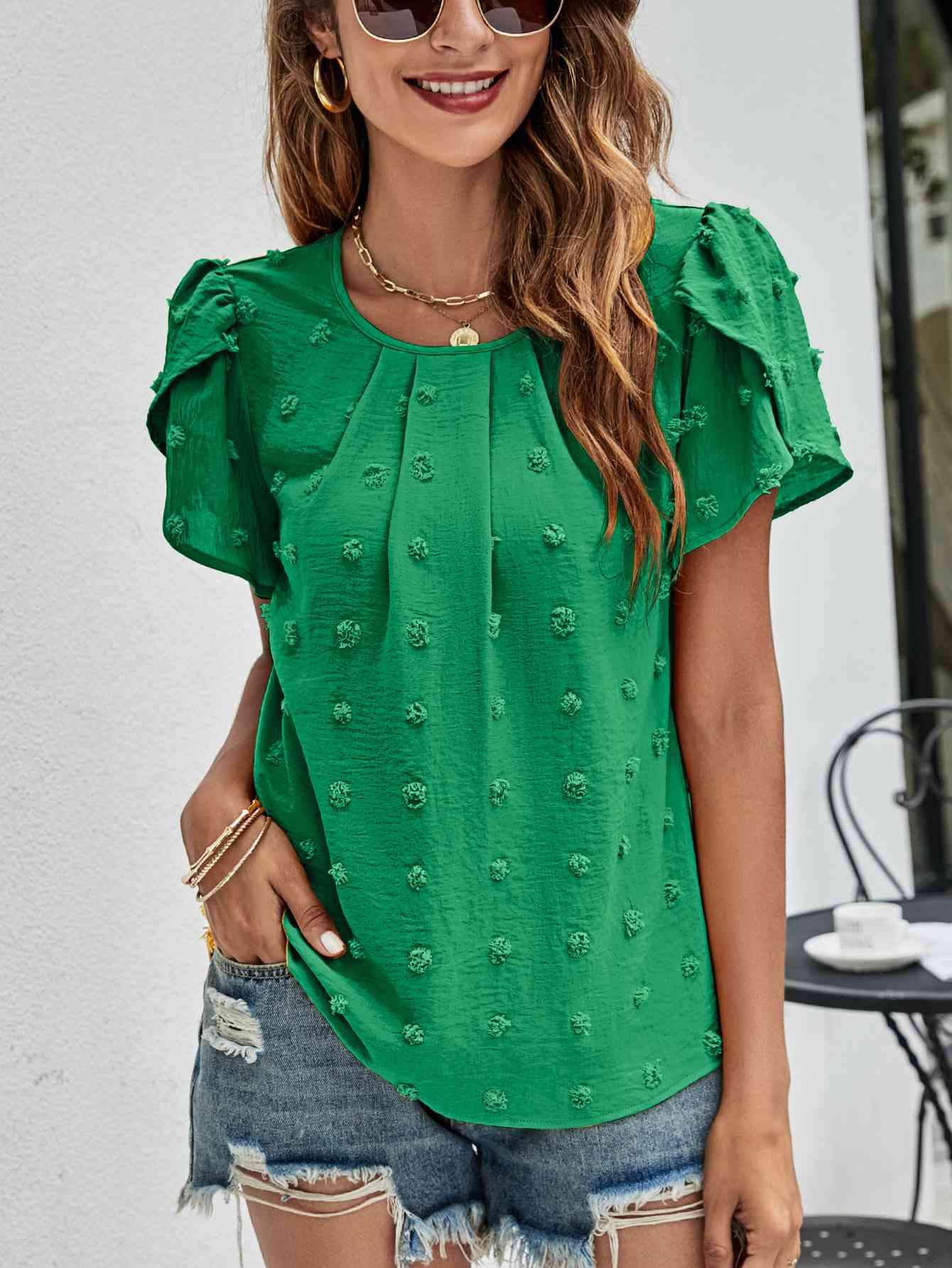 Swiss Dot Round Neck Petal Sleeve Top Mid Green Blouses - Tophatter Daily Deals