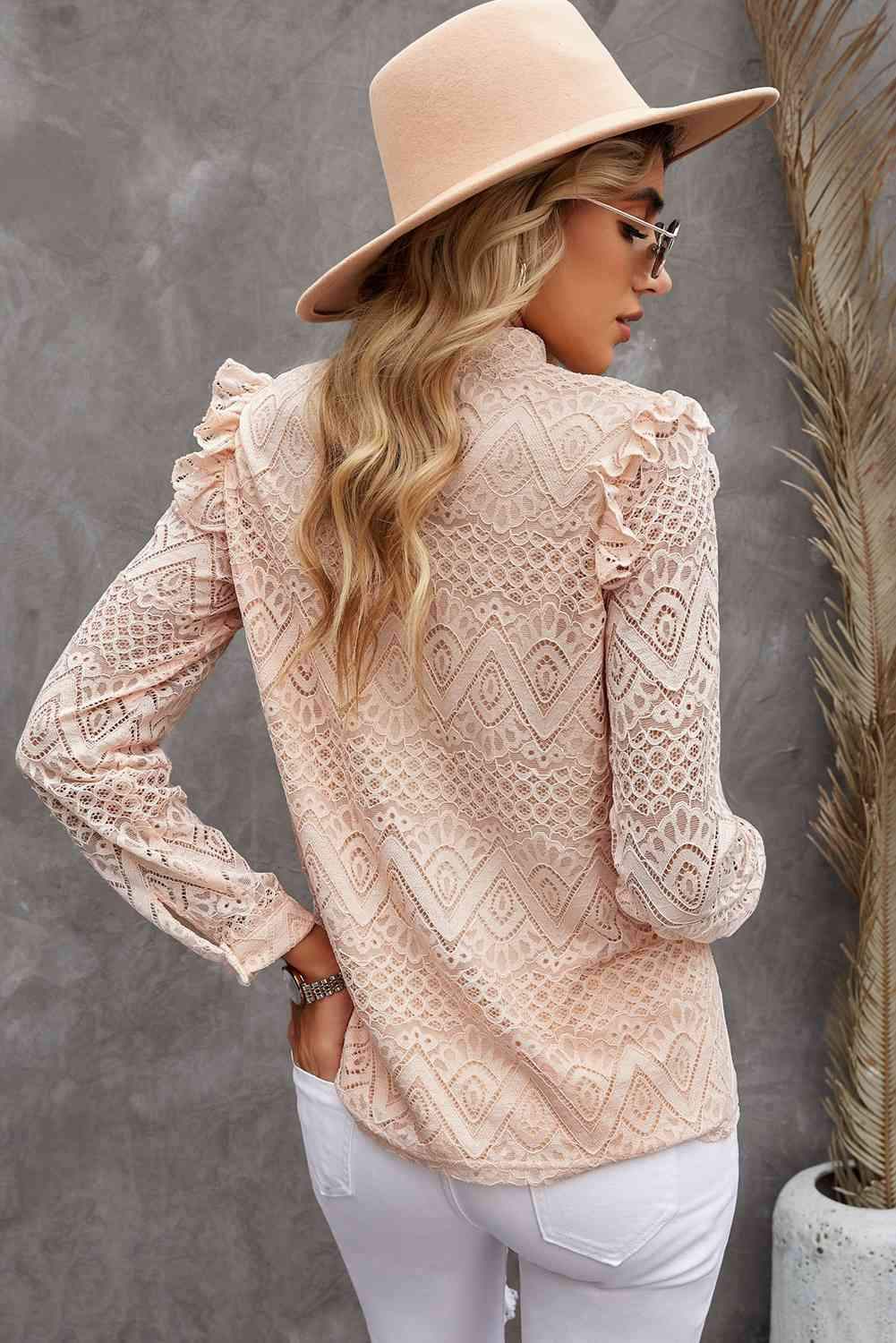 Ruffled Lace Mock Neck Blouse Blouses - Tophatter Daily Deals