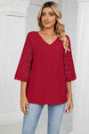 V-Neck Three-Quarter Sleeve Top Deep Red Women's T-Shirts - Tophatter Daily Deals