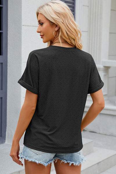 Eyelet Notched Short Sleeve T-Shirt Women's T-Shirts - Tophatter Daily Deals