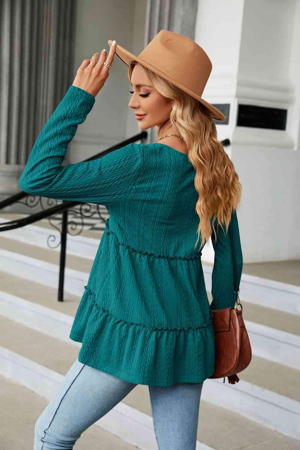 Long Sleeve V-Neck Cable-Knit Blouse Blouses - Tophatter Daily Deals