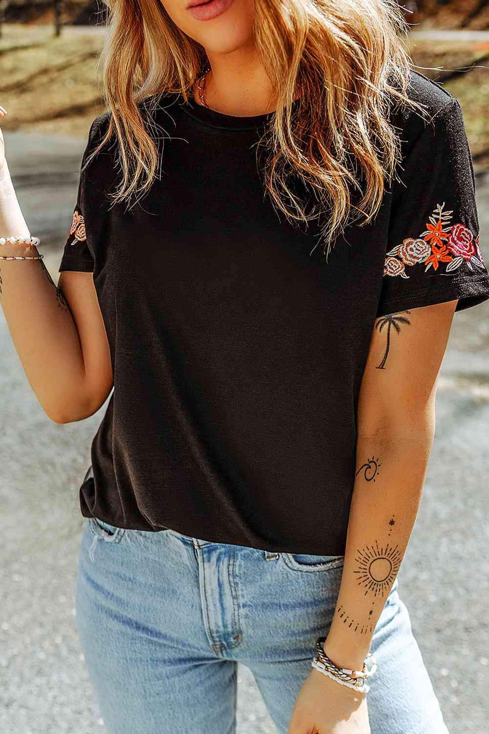 Embroidered Round Neck Tee Shirt Black Women's T-Shirts - Tophatter Daily Deals