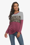 Mixed Print Gathered Detail Long Sleeve Top Cerise Blouses - Tophatter Daily Deals