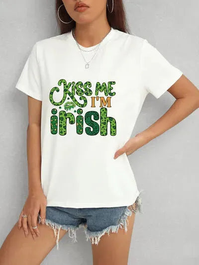 KISS ME I'M IRISH Round Neck T-Shirt White Women's T-Shirts - Tophatter Daily Deals