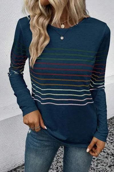 Striped Round Neck Long Sleeve T-Shirt Women's T-Shirts - Tophatter Daily Deals