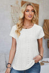 Eyelet Round Neck Rolled Short Sleeve T-Shirt White Women's T-Shirts - Tophatter Daily Deals