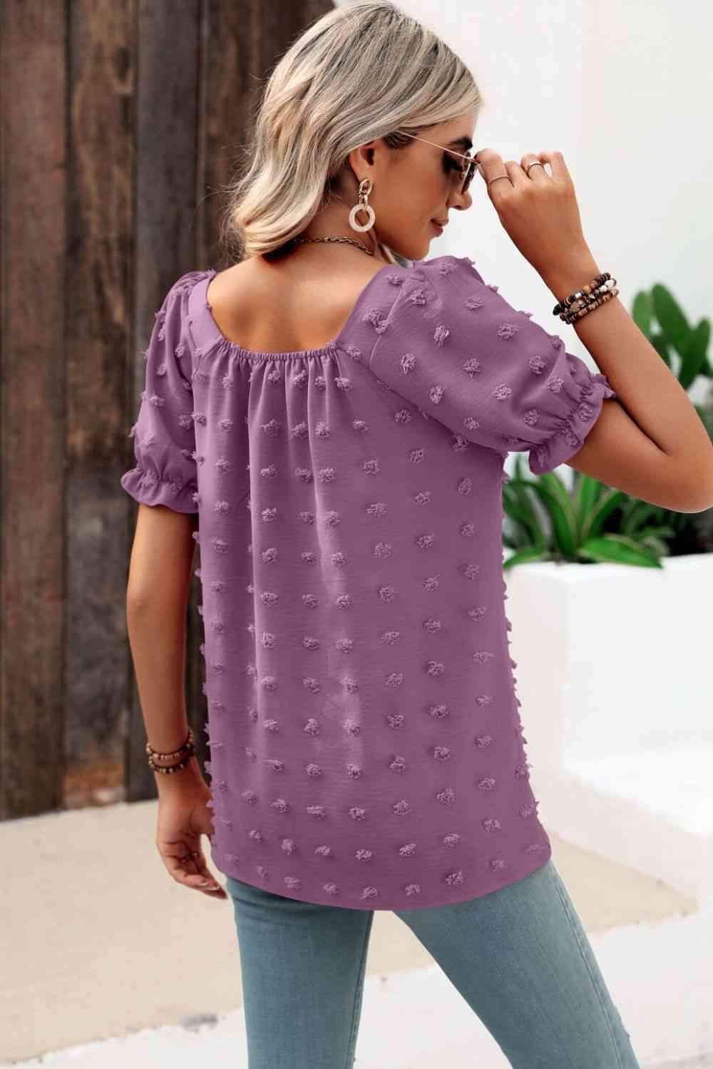 Swiss Dot Puff Sleeve Square Neck Blouse Blouses - Tophatter Daily Deals