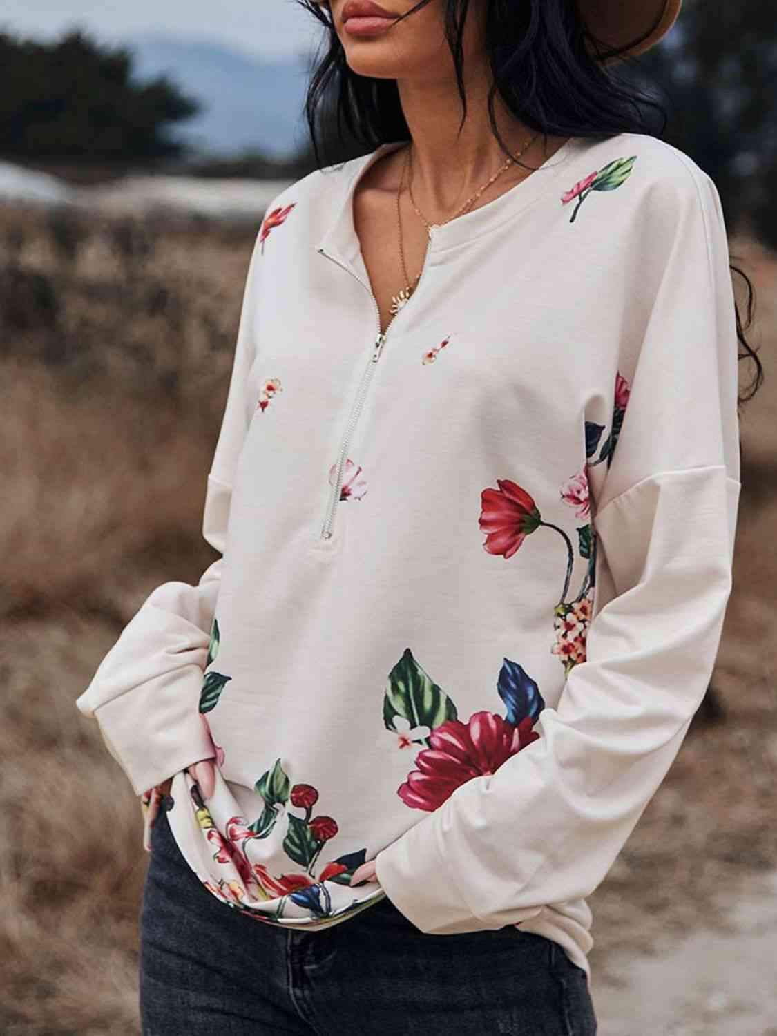 Floral Print Drop Shoulder Front Zipper Blouse Beige Blouses - Tophatter Daily Deals