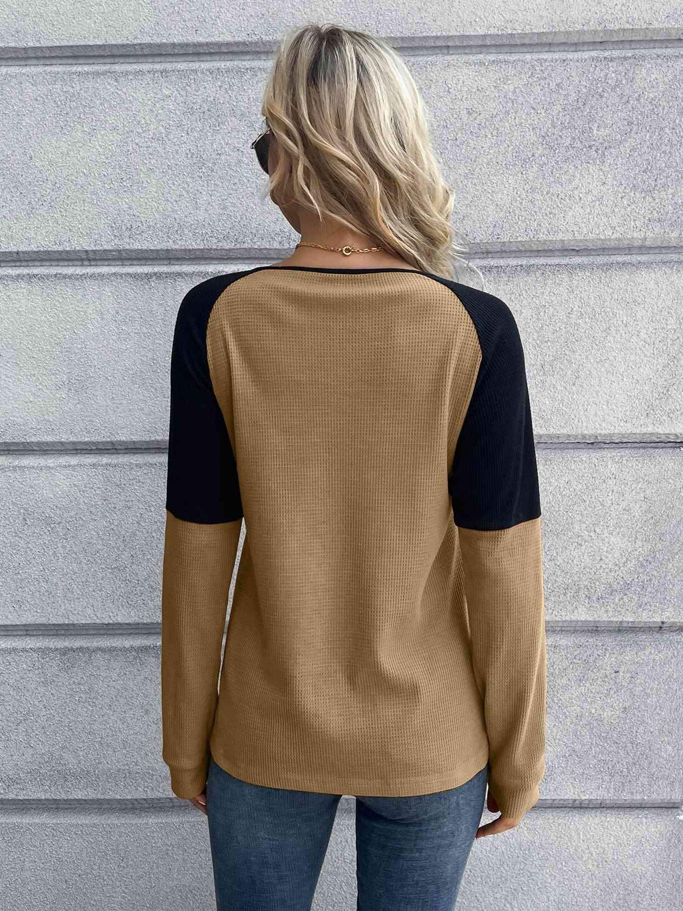 Contrast Buttoned Round Neck Raglan Sleeve Top Women's T-Shirts - Tophatter Daily Deals