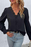 Scalloped Lace Trim Puff Sleeve V-Neck Blouse Blouses - Tophatter Daily Deals