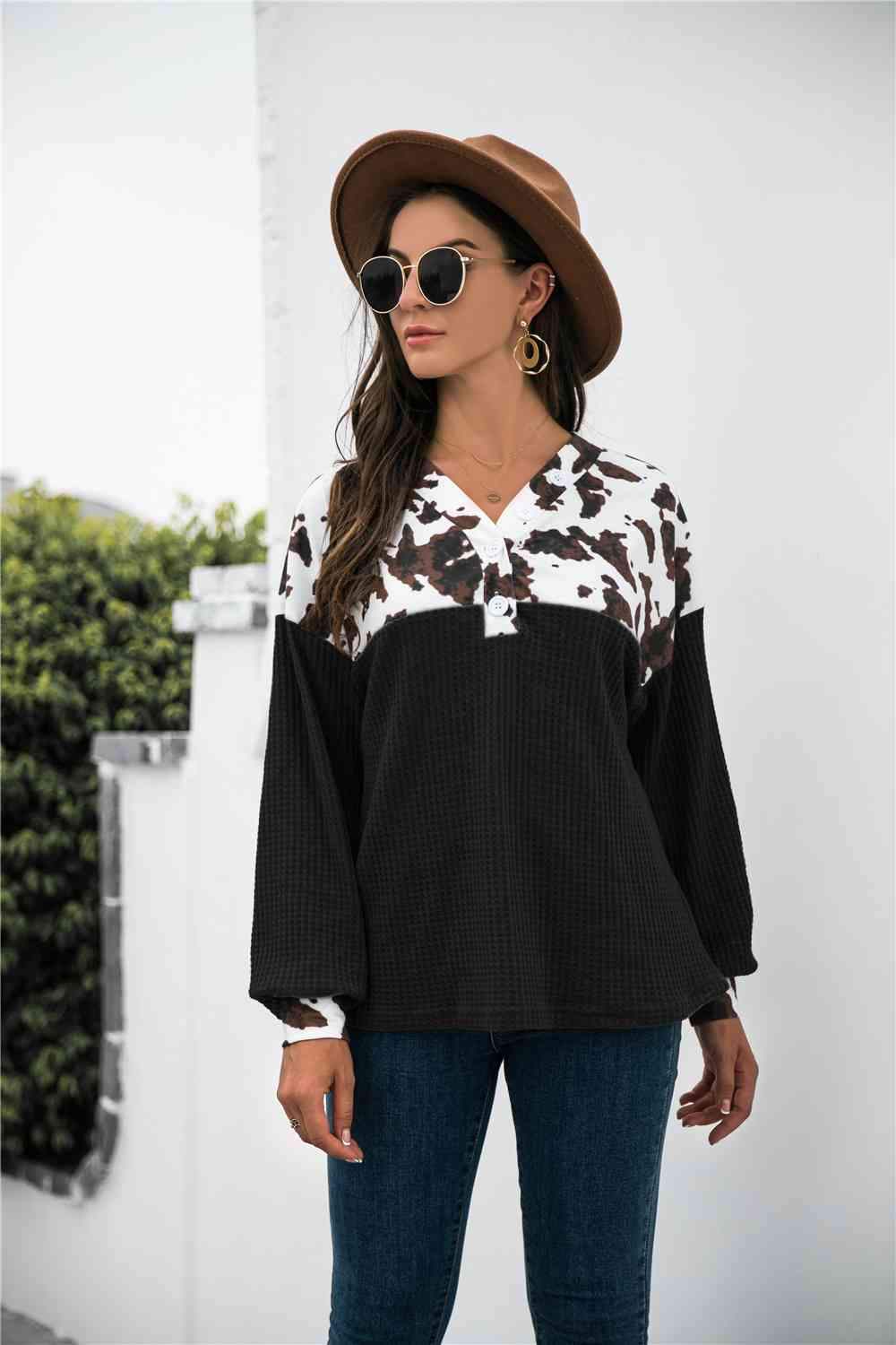 Animal Print Color Block Waffle-Knit Top Blouses - Tophatter Daily Deals