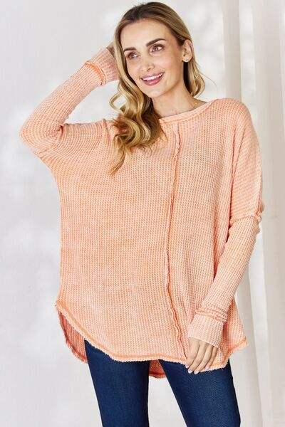 Zenana Oversized Washed Waffle Long Sleeve Top Light Orange Blouses - Tophatter Daily Deals