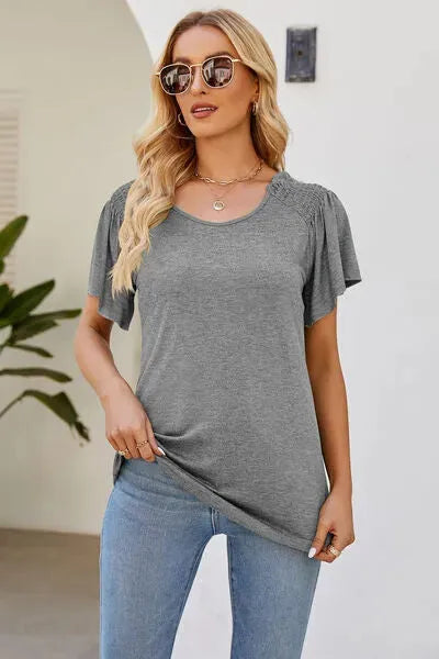 Smocked Round Neck Flutter Sleeve T-Shirt Women's T-Shirts - Tophatter Daily Deals