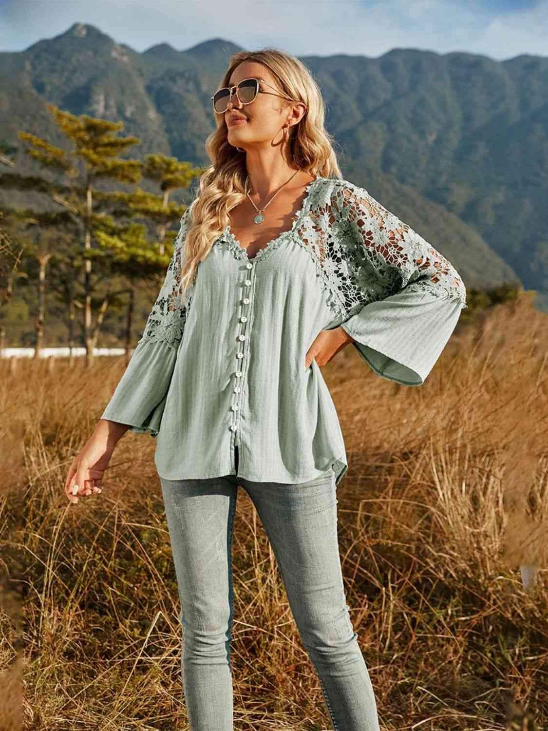 Spliced Lace Buttoned Blouse Light Green Blouses - Tophatter Daily Deals