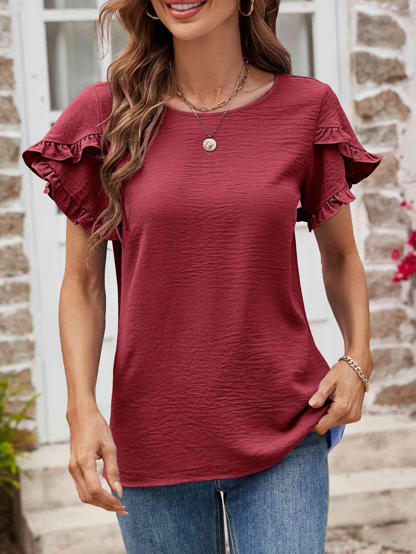 Textured Petal Sleeve Round Neck Tee Women's T-Shirts - Tophatter Daily Deals