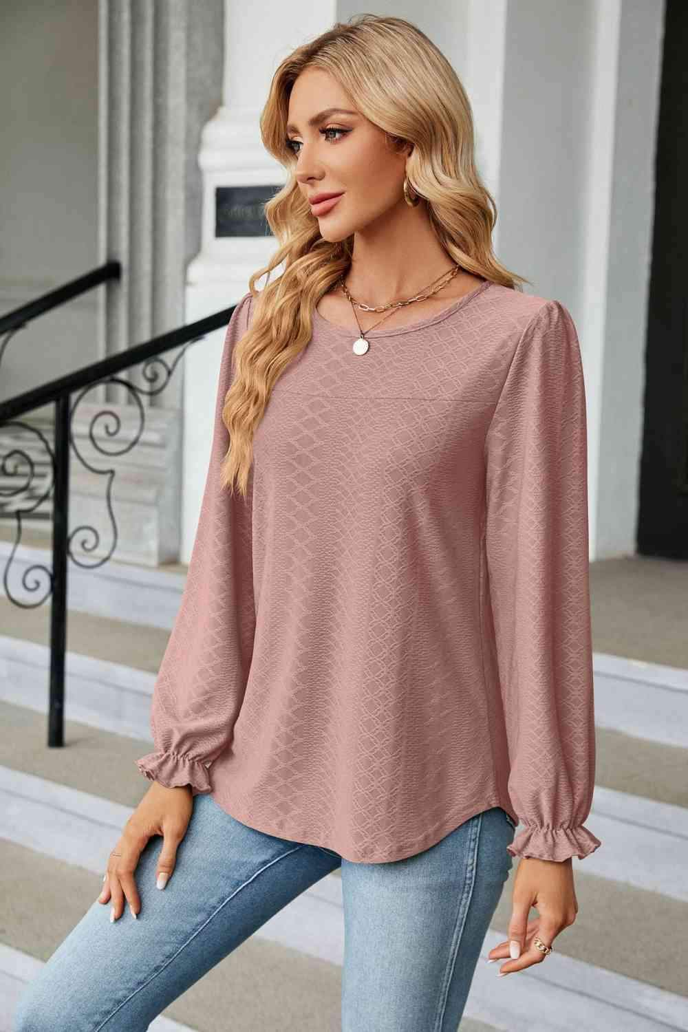 Round Neck Flounce Sleeve Blouse Blouses - Tophatter Daily Deals