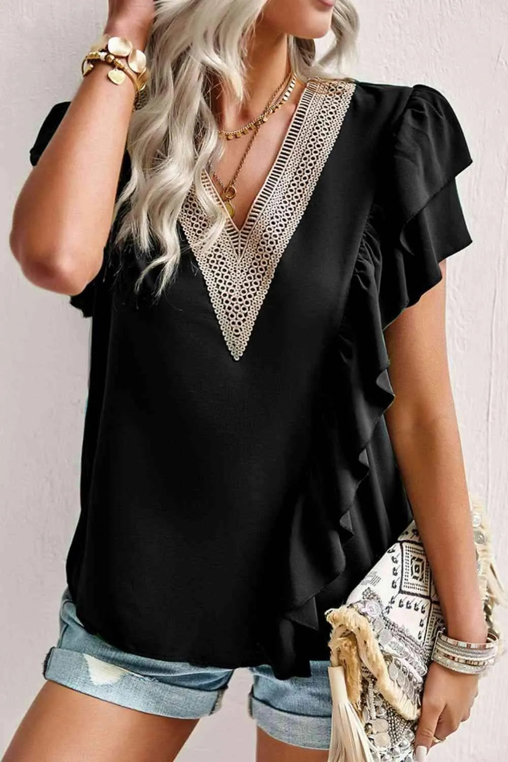 Contrast Ruffle Trim Flutter Sleeve Blouse Black Blouses - Tophatter Daily Deals