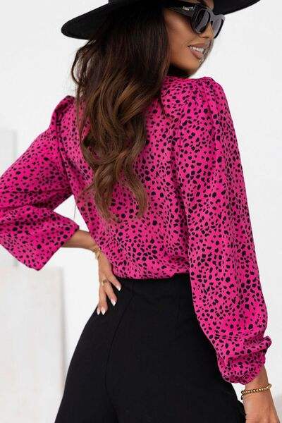 Leopard Round Neck Balloon Sleeve Blouse Blouses - Tophatter Daily Deals