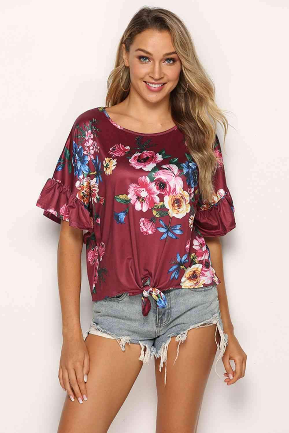 Floral Tie Hem Flounce Sleeve Top Wine Blouses - Tophatter Daily Deals