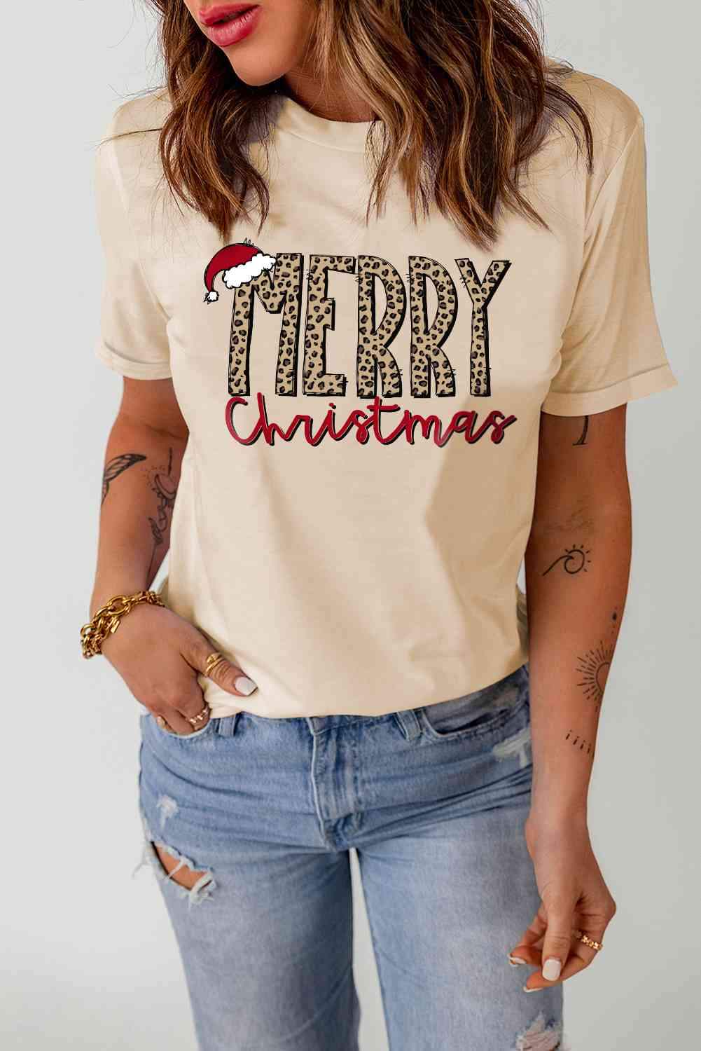 MERRY CHRISTMAS Graphic T-Shirt Beige Women's T-Shirts - Tophatter Daily Deals