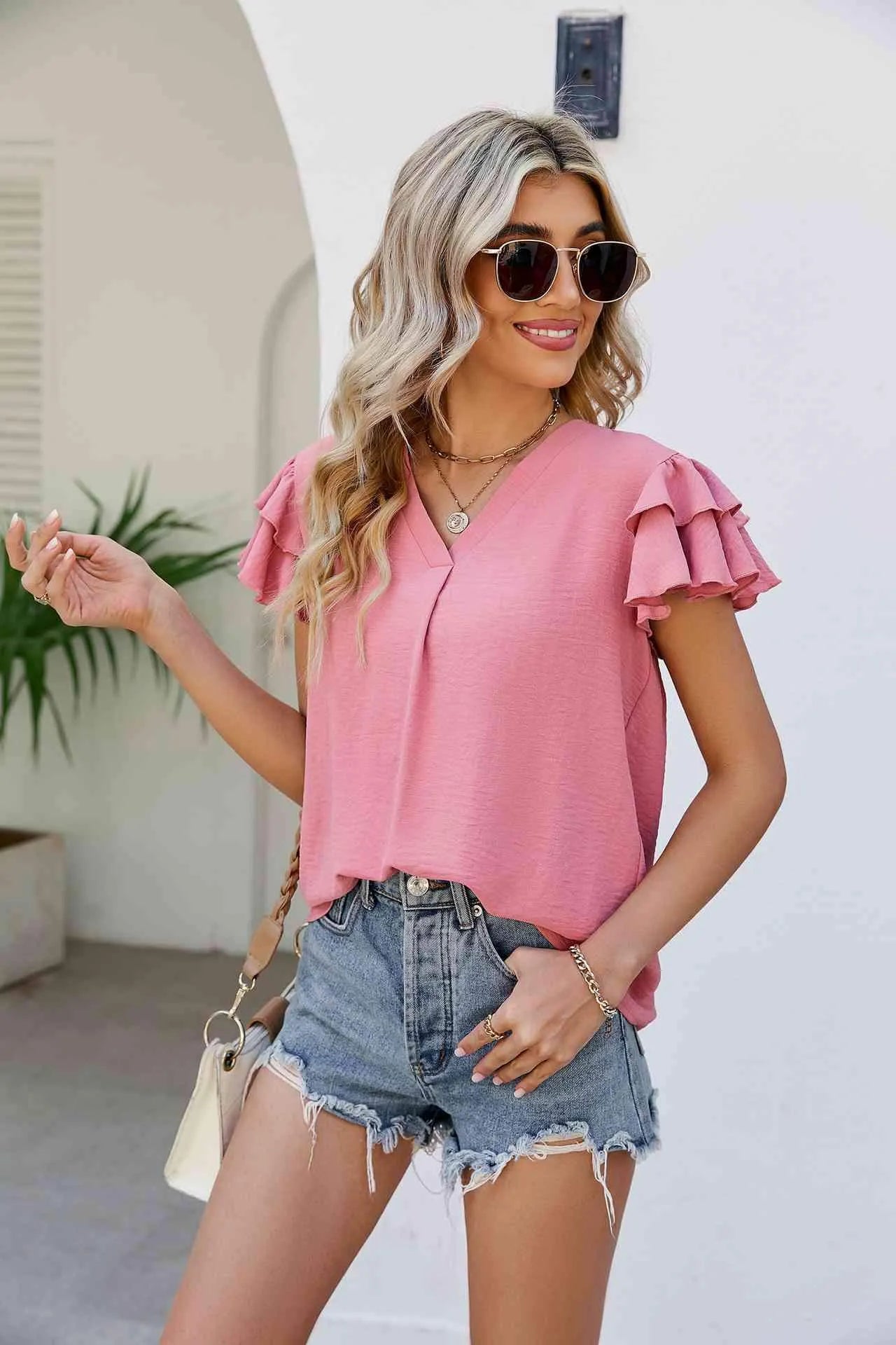 V-Neck Layered Flutter Sleeve Top Blouses - Tophatter Daily Deals