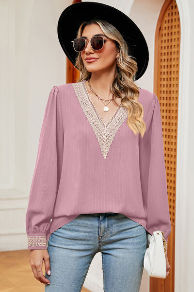 V-Neck Long Sleeve T-Shirt Blush Pink Women's T-Shirts - Tophatter Daily Deals