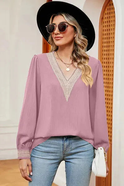 V-Neck Long Sleeve T-Shirt Blush Pink Women's T-Shirts - Tophatter Daily Deals