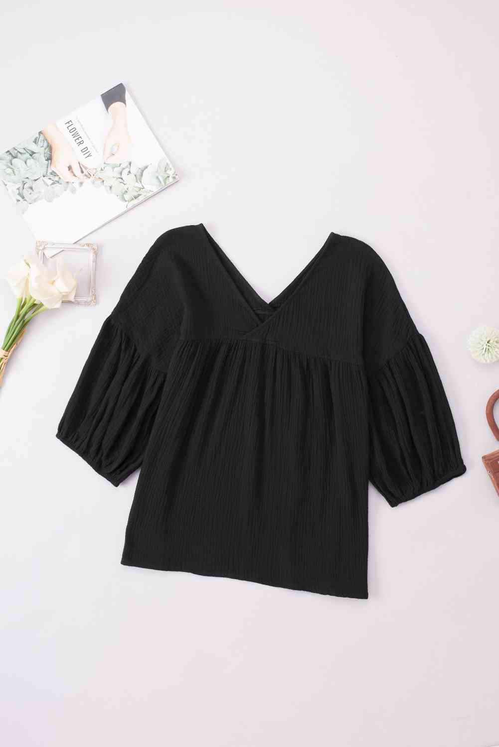 Dropped Shoulder V-Neck Blouse Black Blouses - Tophatter Daily Deals